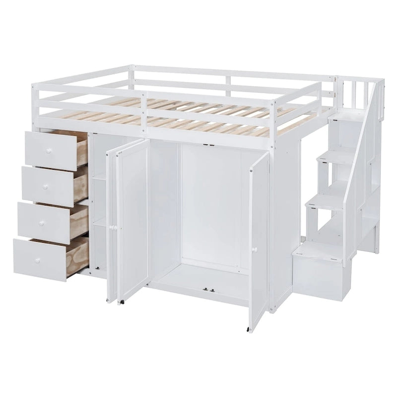 Lit mezzanine en bois avec armoires, placards et tiroirs intégrés