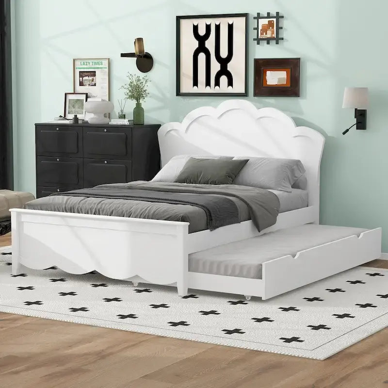 Lit plate-forme en bois avec tête de lit et lit gigogne double