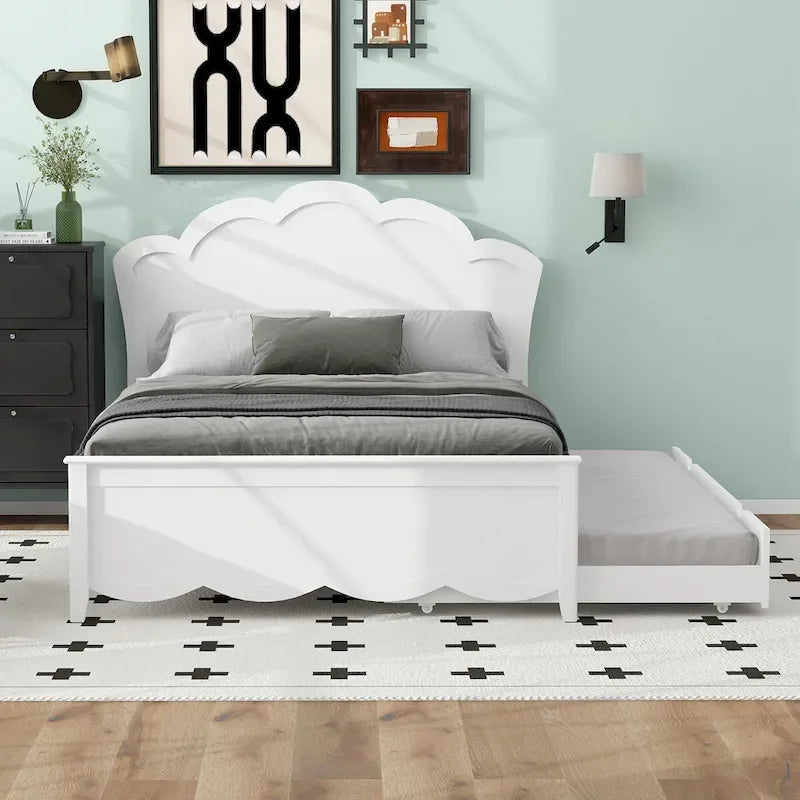 Lit plate-forme en bois avec tête de lit et lit gigogne double