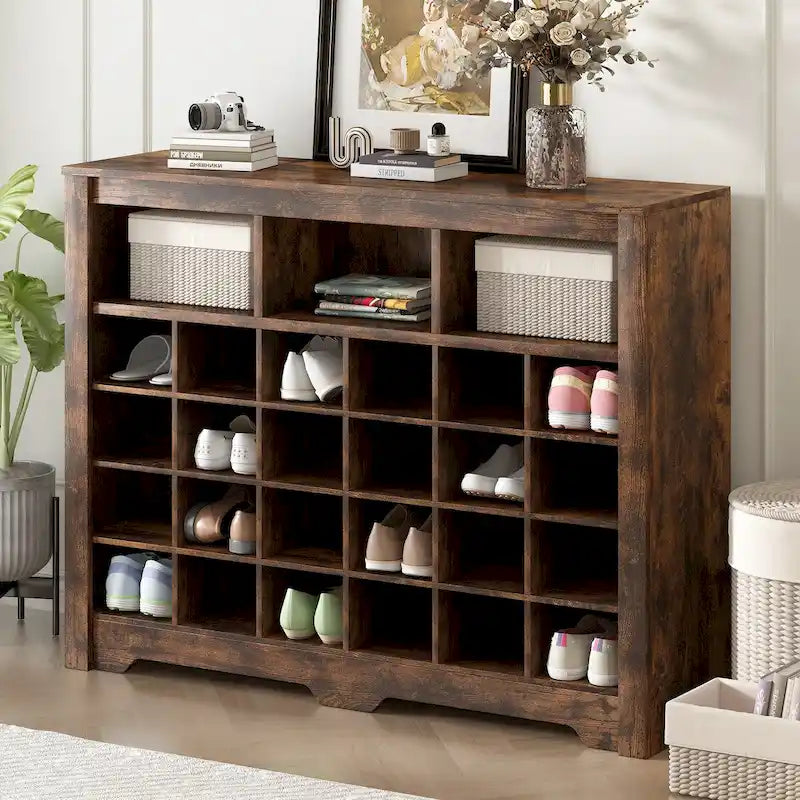 Console à chaussures 24 casiers, Meuble à chaussures avec base incurvée, Buffet polyvalent