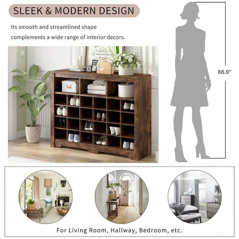 Console à chaussures 24 casiers, Meuble à chaussures avec base incurvée, Buffet polyvalent