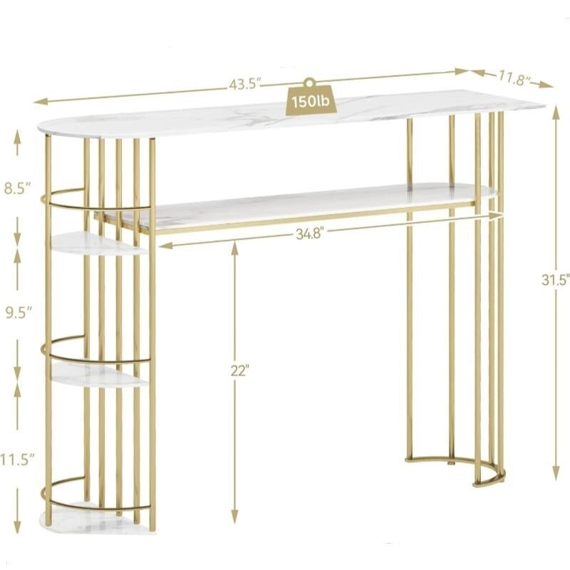 Console Table Tables d'appoint de canapé dorées Table d'entrée étroite avec rangement et étagères