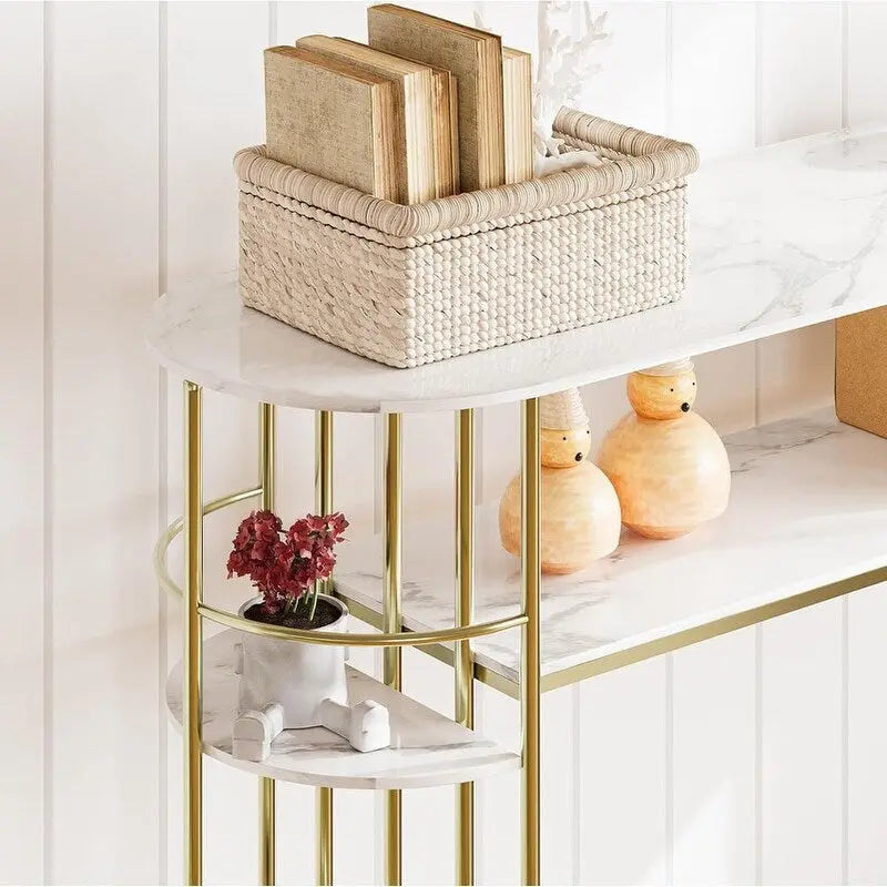 Console Table Tables d'appoint de canapé dorées Table d'entrée étroite avec rangement et étagères