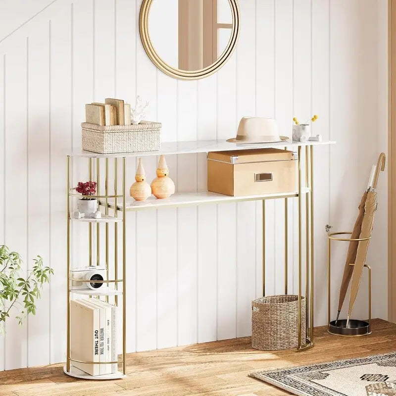 Console Table Tables d'appoint de canapé dorées Table d'entrée étroite avec rangement et étagères
